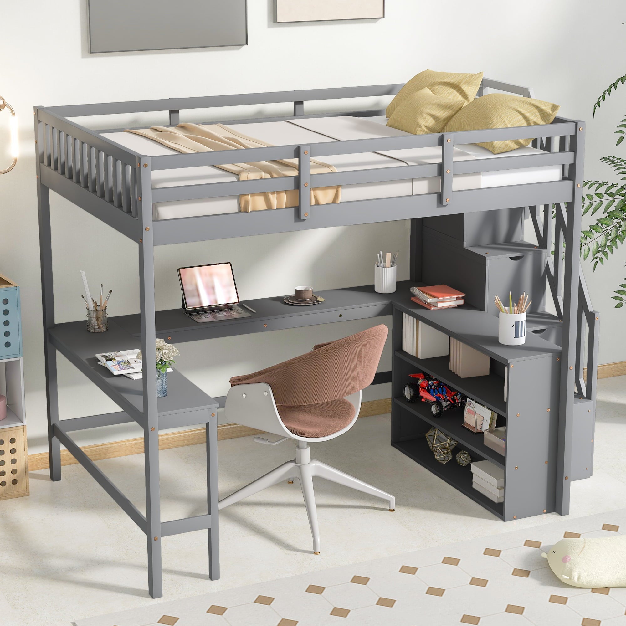 Wood Full Loft Bed with Desk, Shelf and Storage Staircase for Kids, Gray