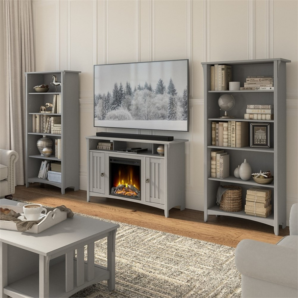 Salinas Fireplace TV Stand with Bookcases in Cape Cod Gray   Engineered Wood   Transitional   Entertainment Centers And Tv Stands   by Homesquare  Houzz