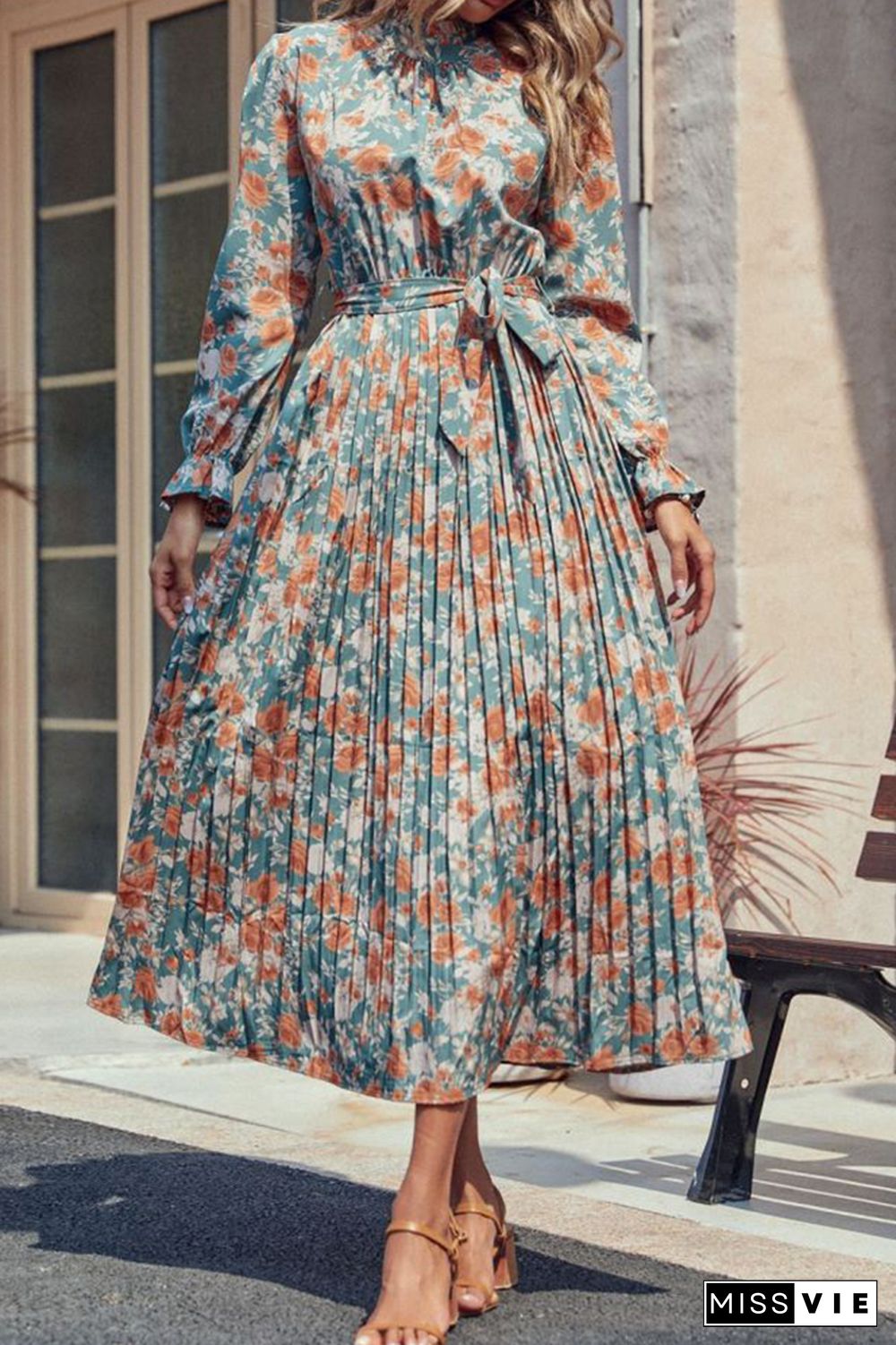 Floral Print Frilled High Waist with Belt Long Sleeves Dress