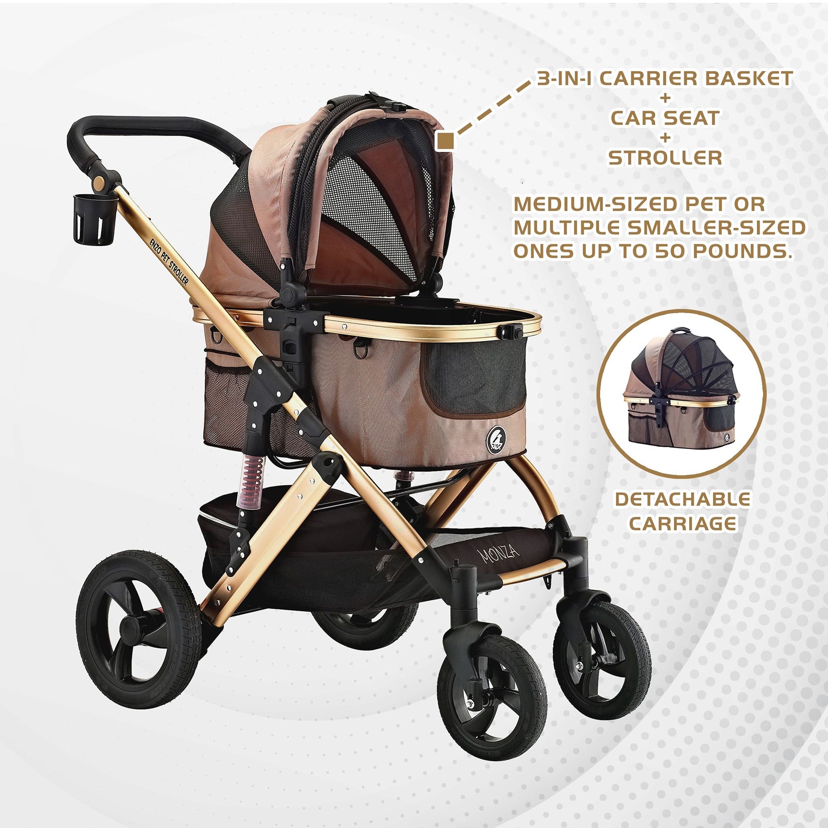 ENZO Pet Stroller Monza Luxury 3-In-1 Stroller， Travel Carrier， Car Seat For Pets (Gold)