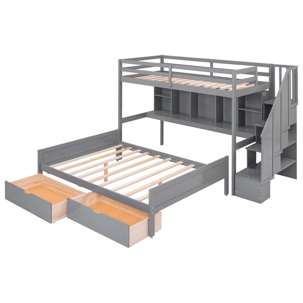Gray Twin XL over Full Bunk Bed with Built in Storage Shelves  Drawers and Staircase  97.2''L*118.3''W*66.1''H  286.5LBS