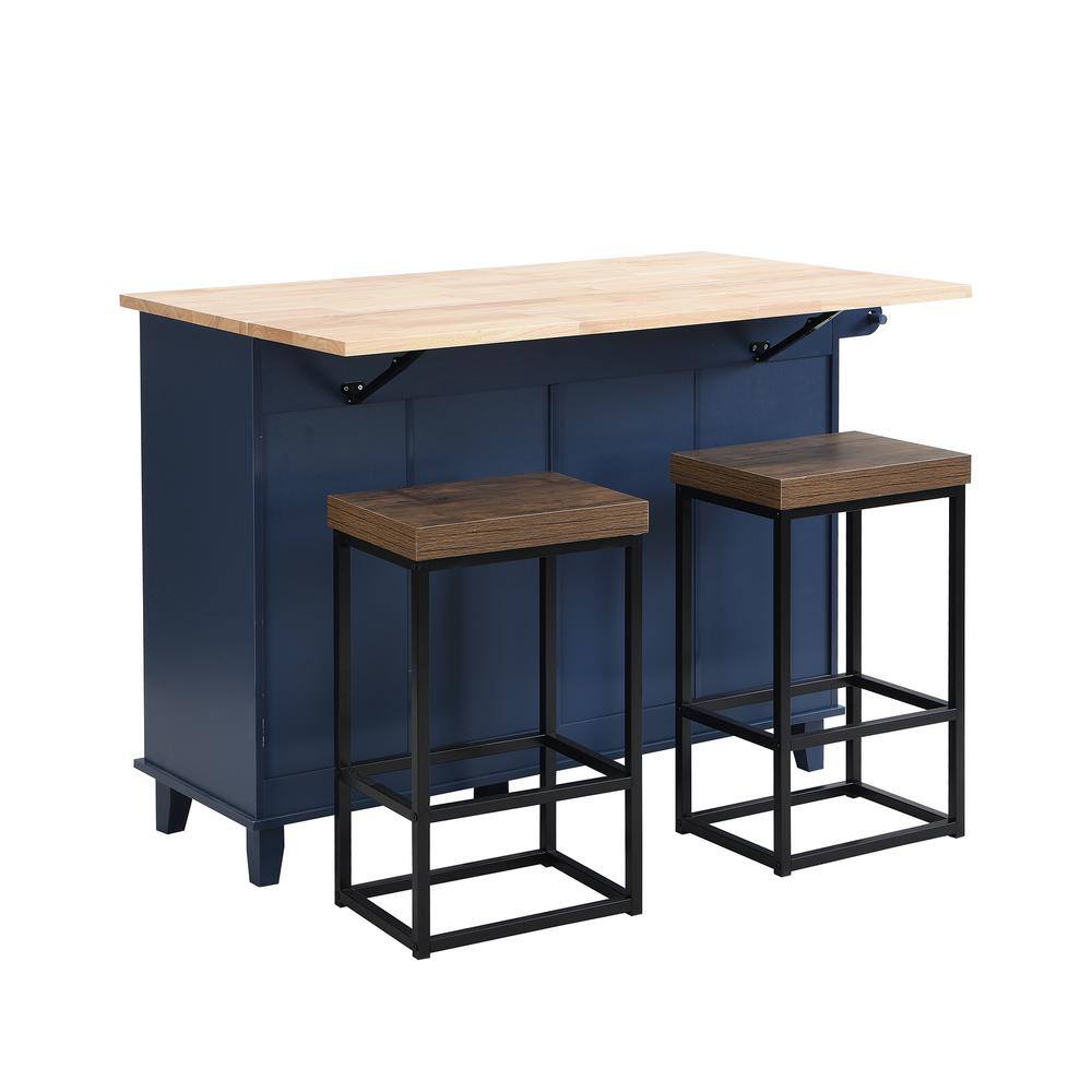 Blue Wood 50.3 in. Kitchen Island Set with Drop Leaf and 2-Seatings Dining Table Set with Storage Cabinet Drawers LH-649