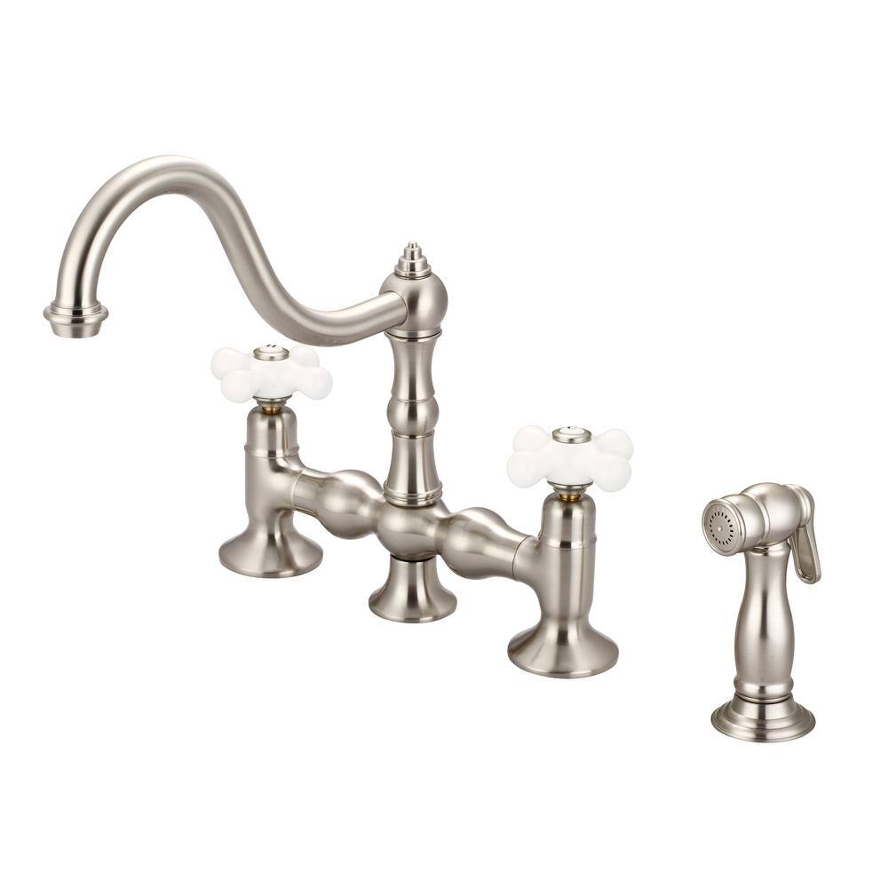 Water Creation 2-Handle Bridge Kitchen Faucet with Plastic Side Sprayer in Brushed Nickel F5-0010-02-PX