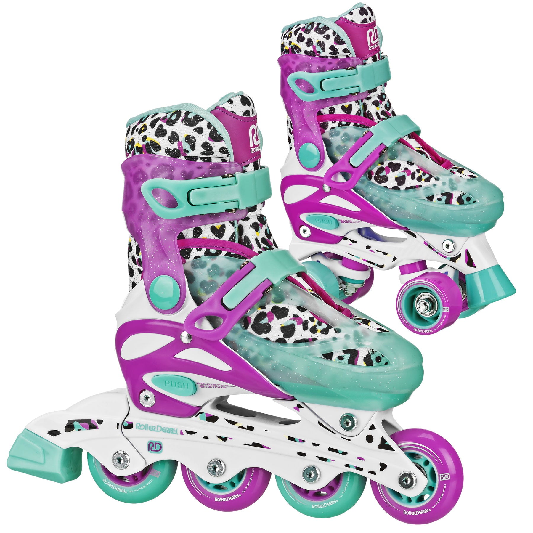 Roller Derby Sprinter Girl's 2-in-1 Adjustable Quad Roller and Inline Skates Combo, Leopard, Small (12-2)