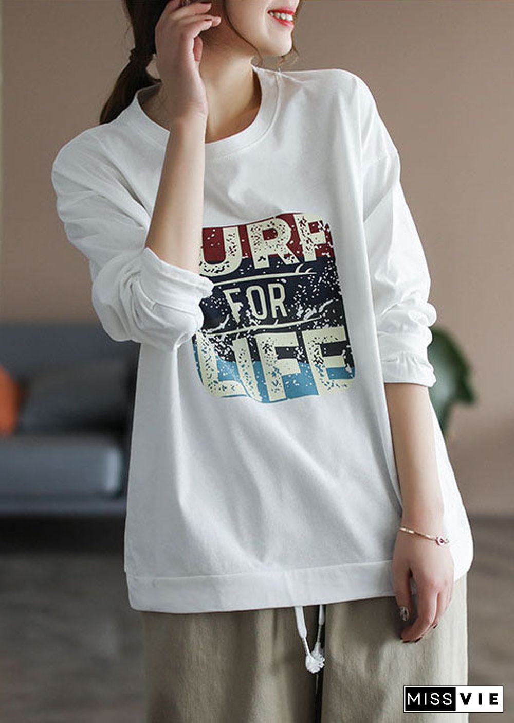 Italian White O-Neck Print Cotton Sweatshirt Streetwear Long Sleeve