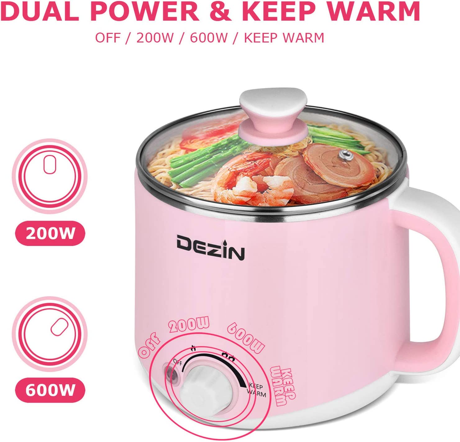 Dezin Electric Hot Pot， Rapid Noodles Cooker， Stainless Steel Mini Pot 1.6 Liter， Perfect for Ramen， Egg， Pasta， Dumpling， Soup， Porridge， Oatmeal with Power Adjustment and Keep Warm Function， Pink