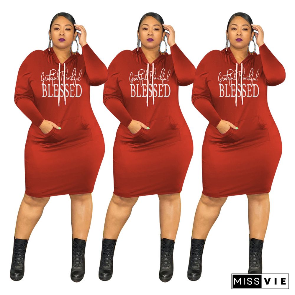 Letter Print Long Sleeve Hooded Plus Size Dress