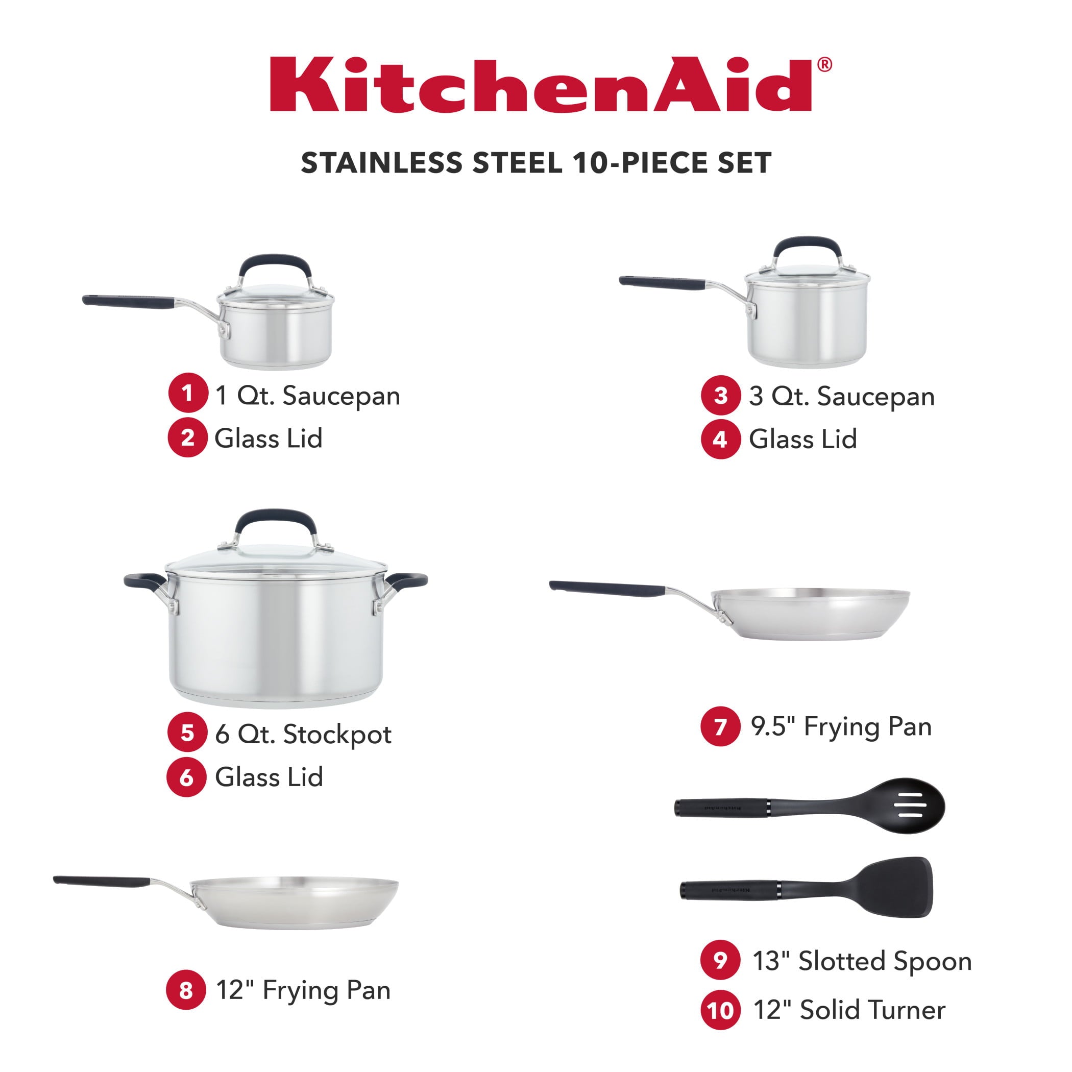 KitchenAid Stainless Steel Cookware Set, 10-Piece, Brushed Stainless Steel