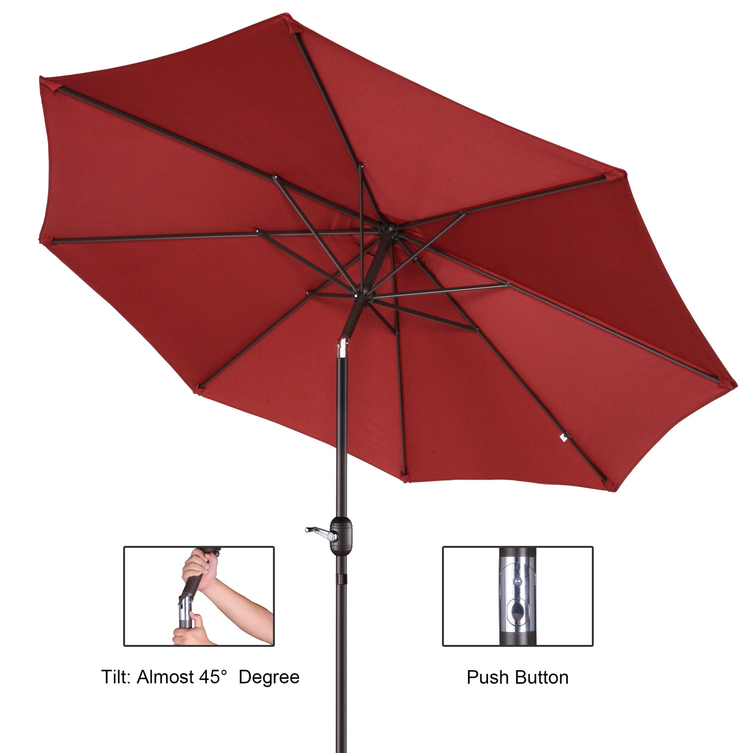 Villacera 9' Outdoor Patio Umbrella with 8 Ribs, Aluminum Pole and Auto Tilt, Fade Resistant Market Umbrella, Red