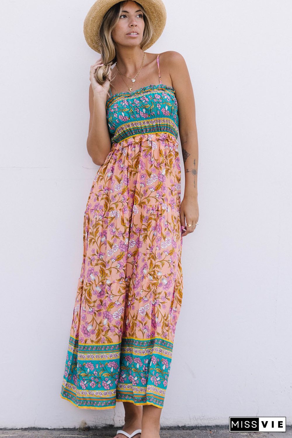 Floral Print Bodice Spaghetti Strap Maxi Dress