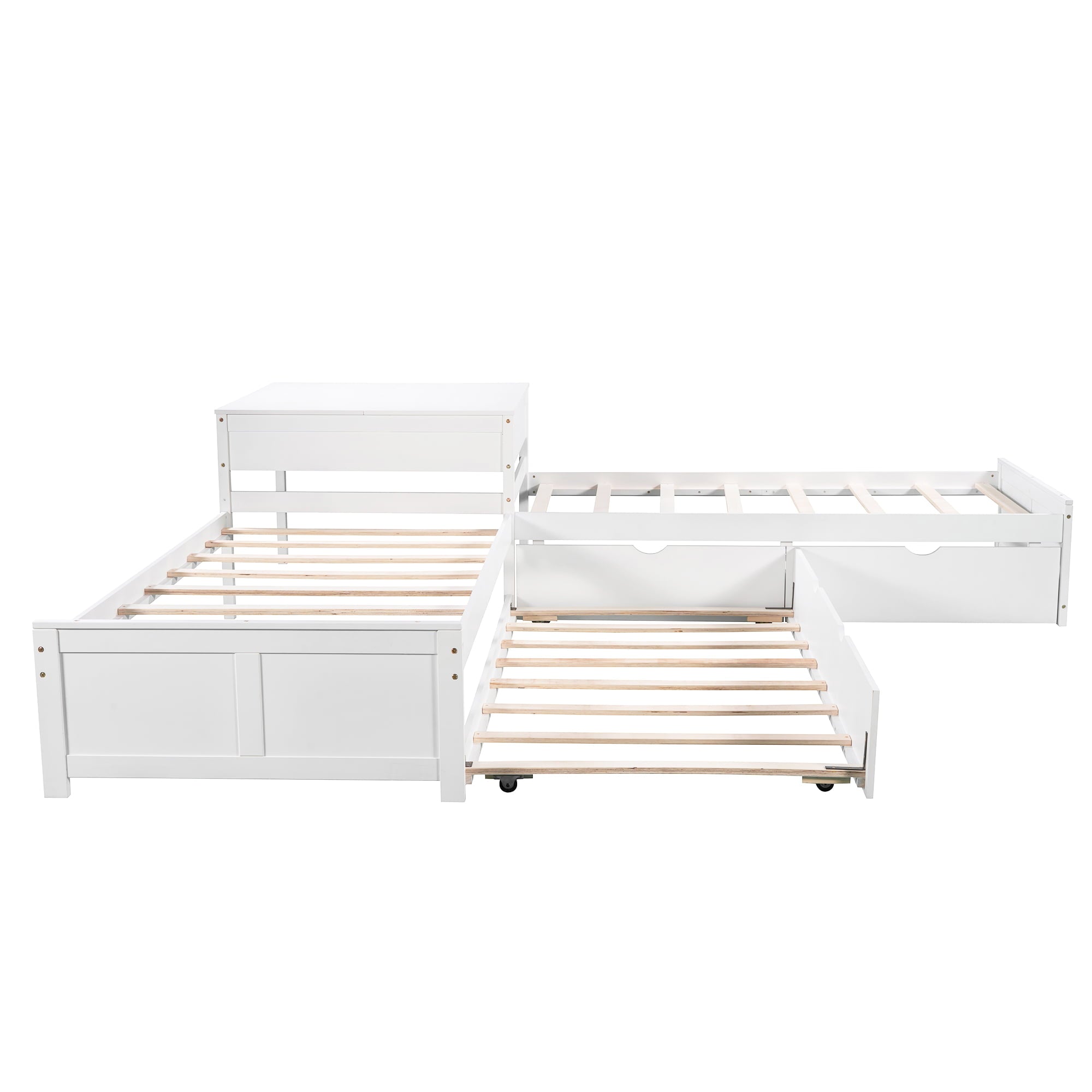 EUROCO Pine Wood L-Shaped Twin Platform Bed for Kids, White