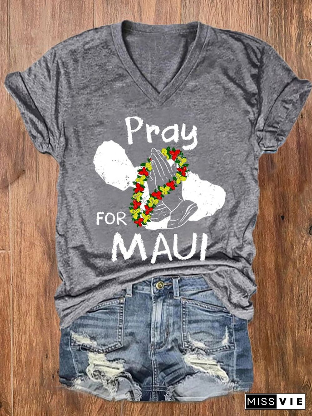 Women's Pray For Hawaii MAUI Wildfire V-Neck Tee