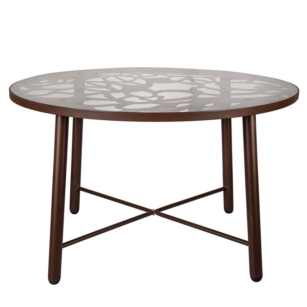 LeisureMod Devon Round Glass Top Aluminum Base Outdoor Dining Table   47.25 x 47.25