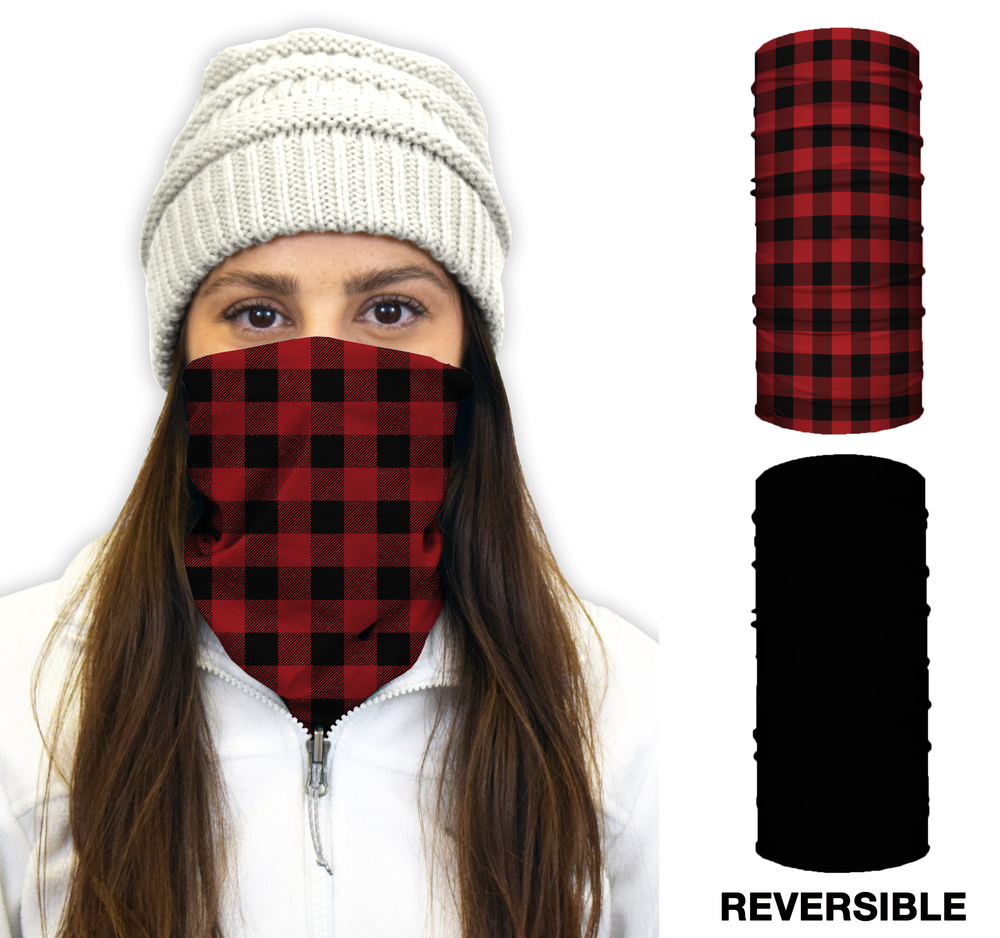 John Boy Thermal Face Guard Reversible Red Plaid and Black Pattern