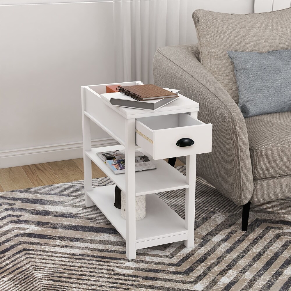 Narrow Flip Top Side Table with Drawer End Table with 2 Tiers Open Storage Shelves Sofa Table for Living Room Bedroom