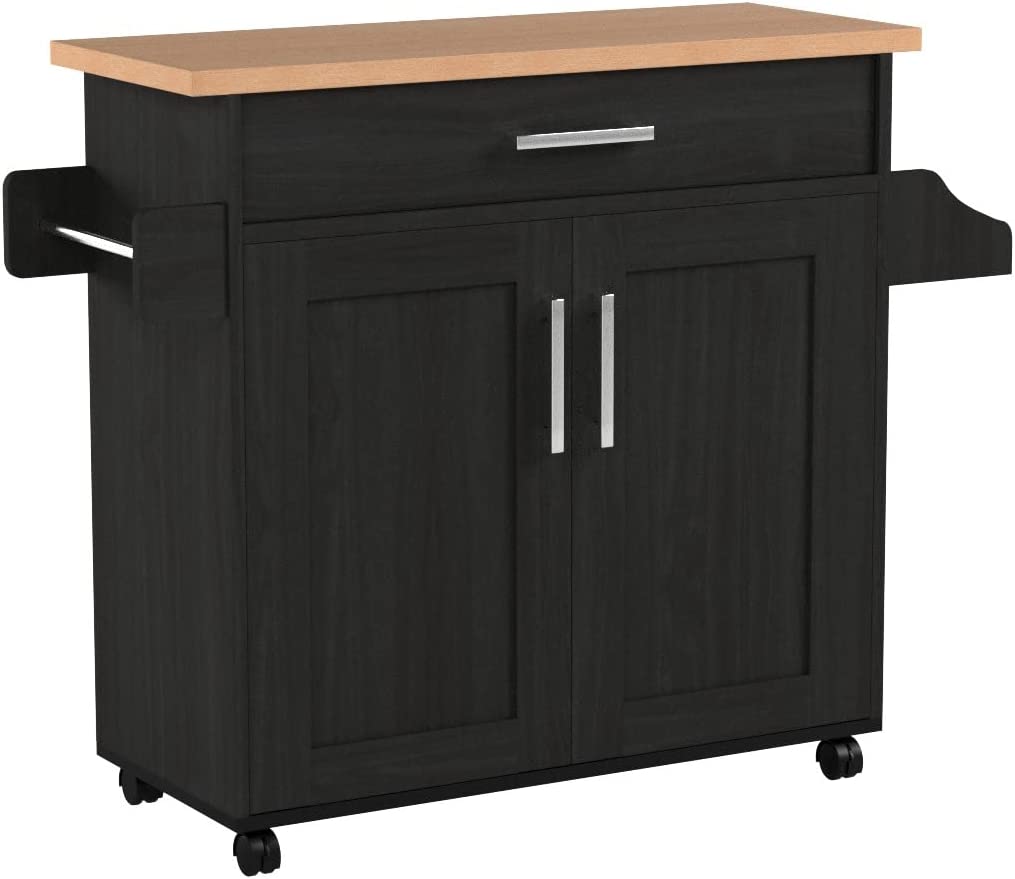 Hodedah Kitchen Island with Spice Rack， Towel Rack and Drawer， Black with Beech Top