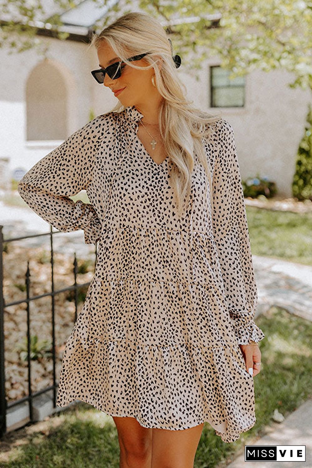 Khaki Leopard Print Ruffled V Neck Long Sleeve Mini Dress