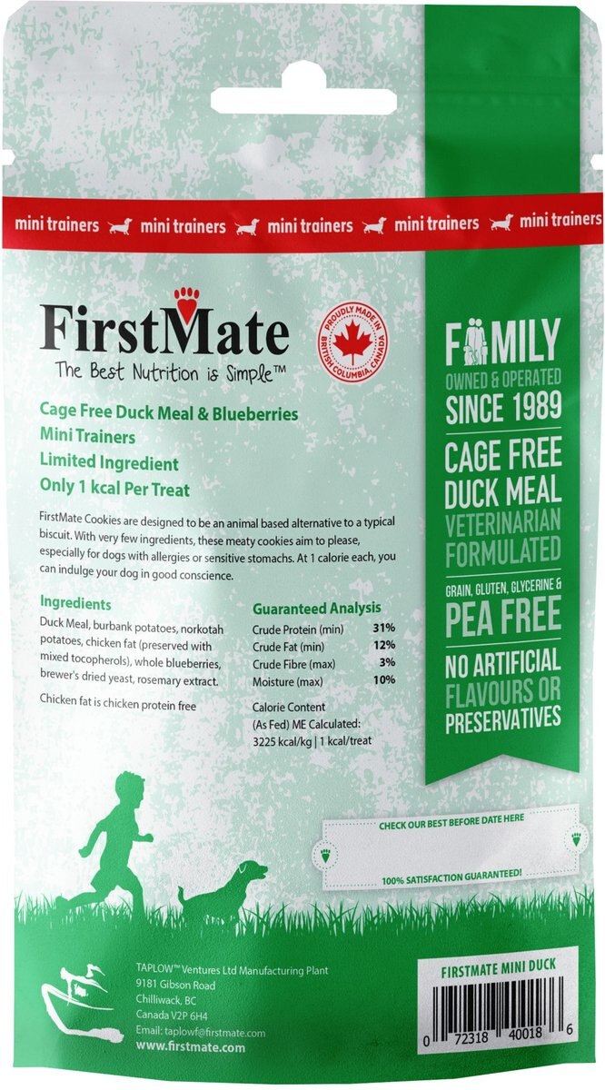 Firstmate Cage Free Duck Meal and Blueberries Mini Trainer Grain-Free Dog Treats， 8-oz bag