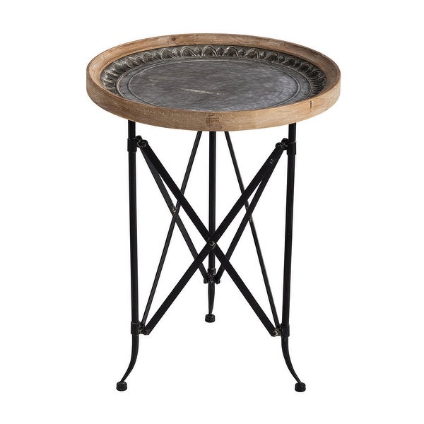 Natural and Black 24-inch Classic Vintage Wood and Metal Round Side Table