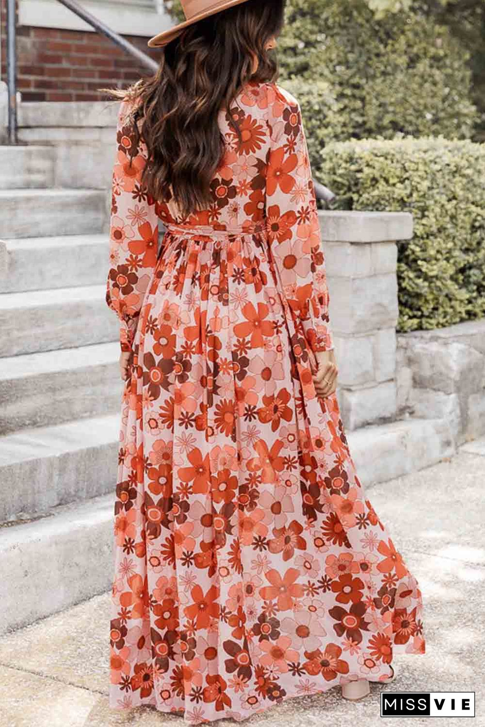 Orange Floral V-Neck Long Sleeve Belted Maxi Dress