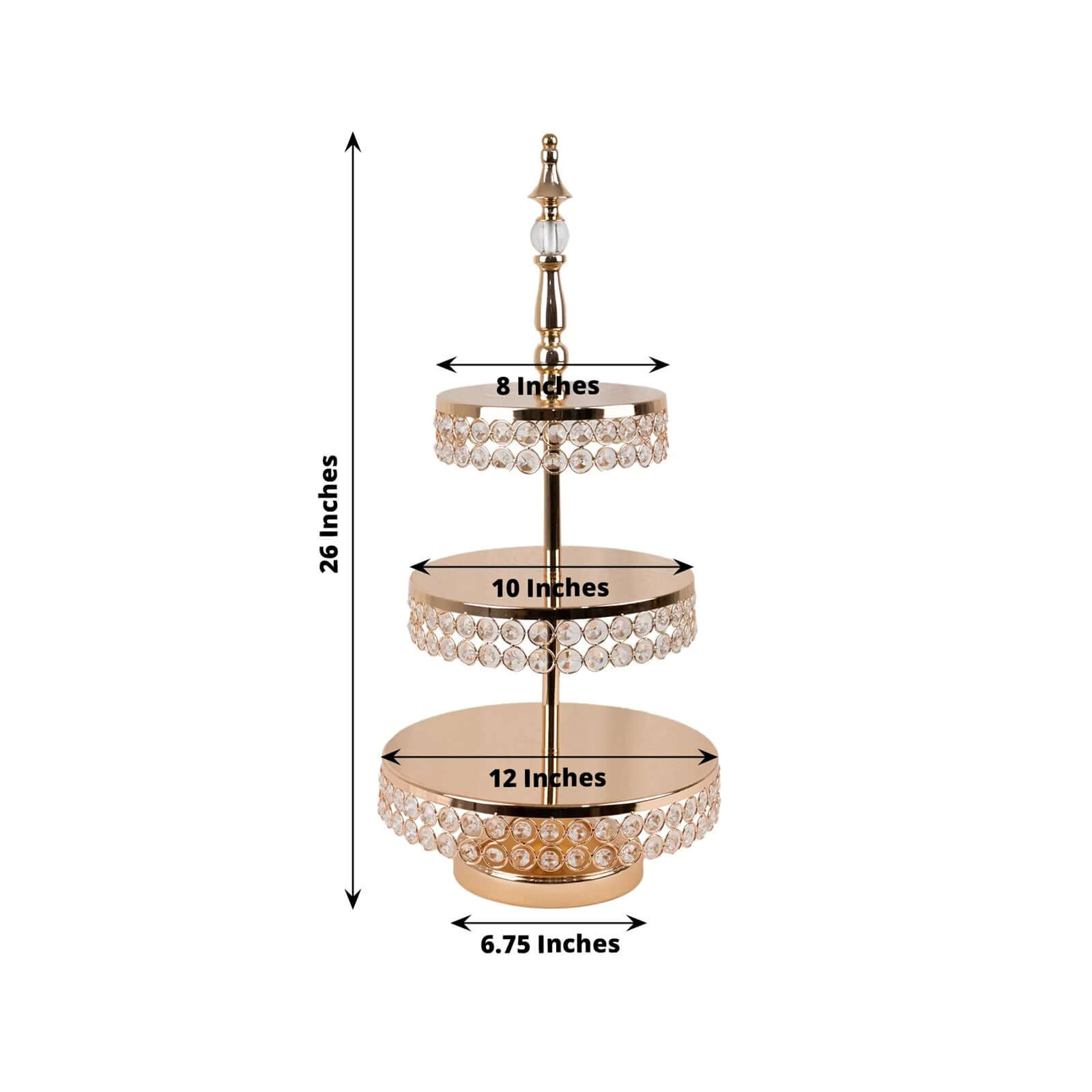 3-Tier Crystal Beaded Gold Metal Cake Stand, Cupcake Tower Dessert Display Stand with Round Mirror Top - 26