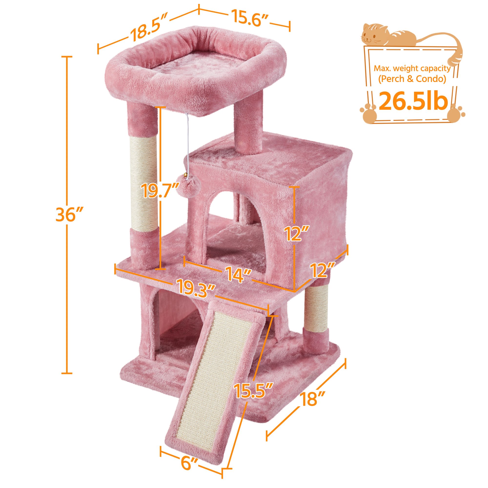 Topeakmart Pink Cat Tree with 2 Condos， 36