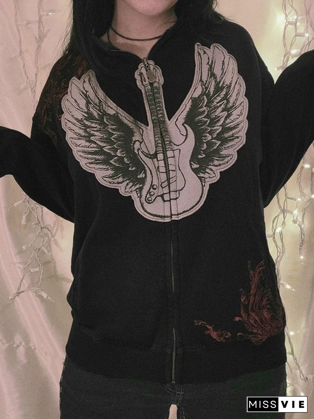 Guitar Wing Print Oversized Hoodie