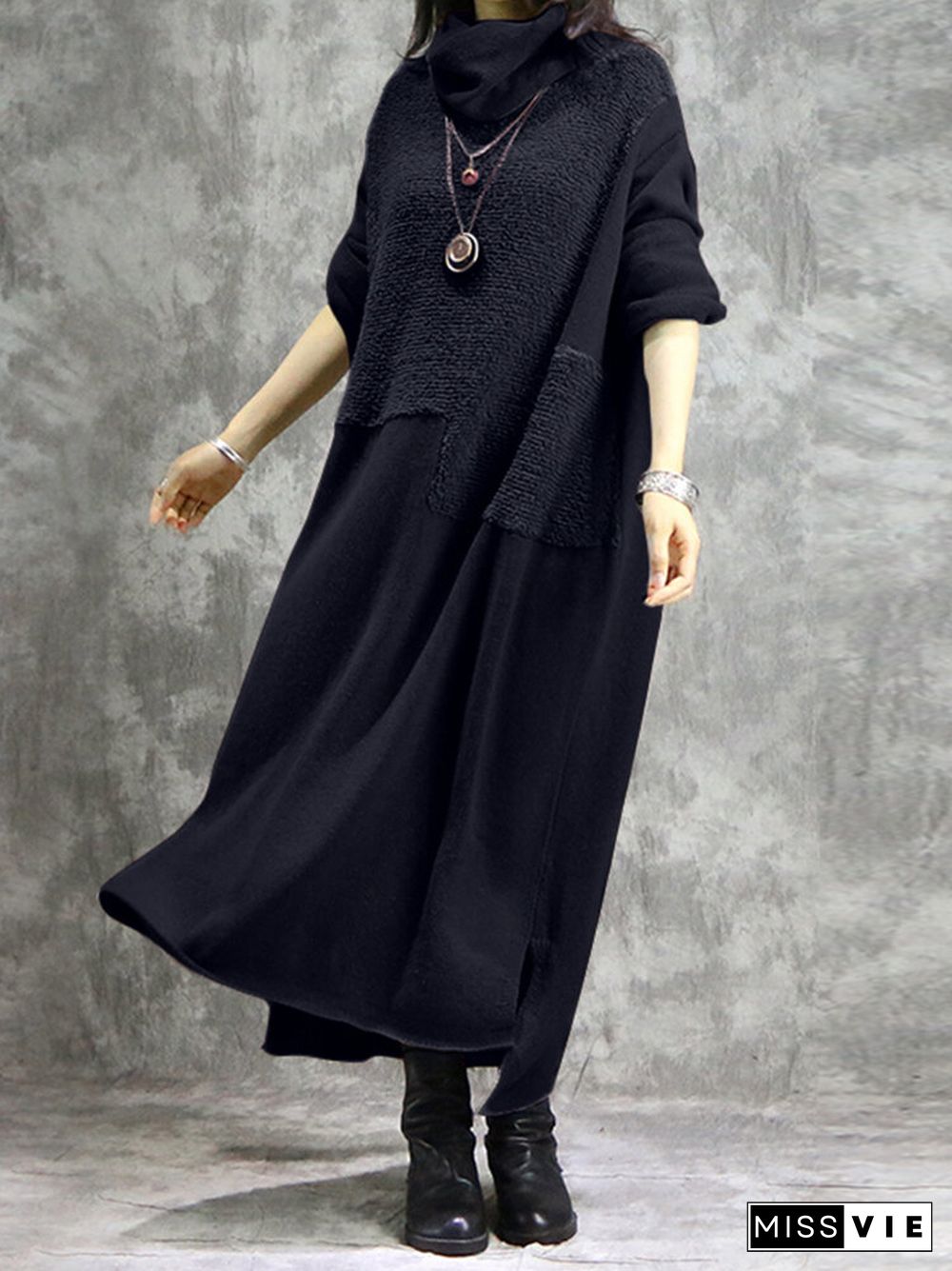 Solid Color Plush Patchwork Turtleneck Long Sleeve Dress