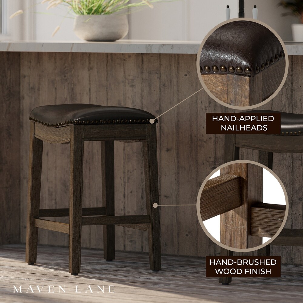 Maven Lane Adrien Saddle Counter Stool in Walnut Finish w/ Marksman Saddle Vegan Leather   Brown   Counter   26\