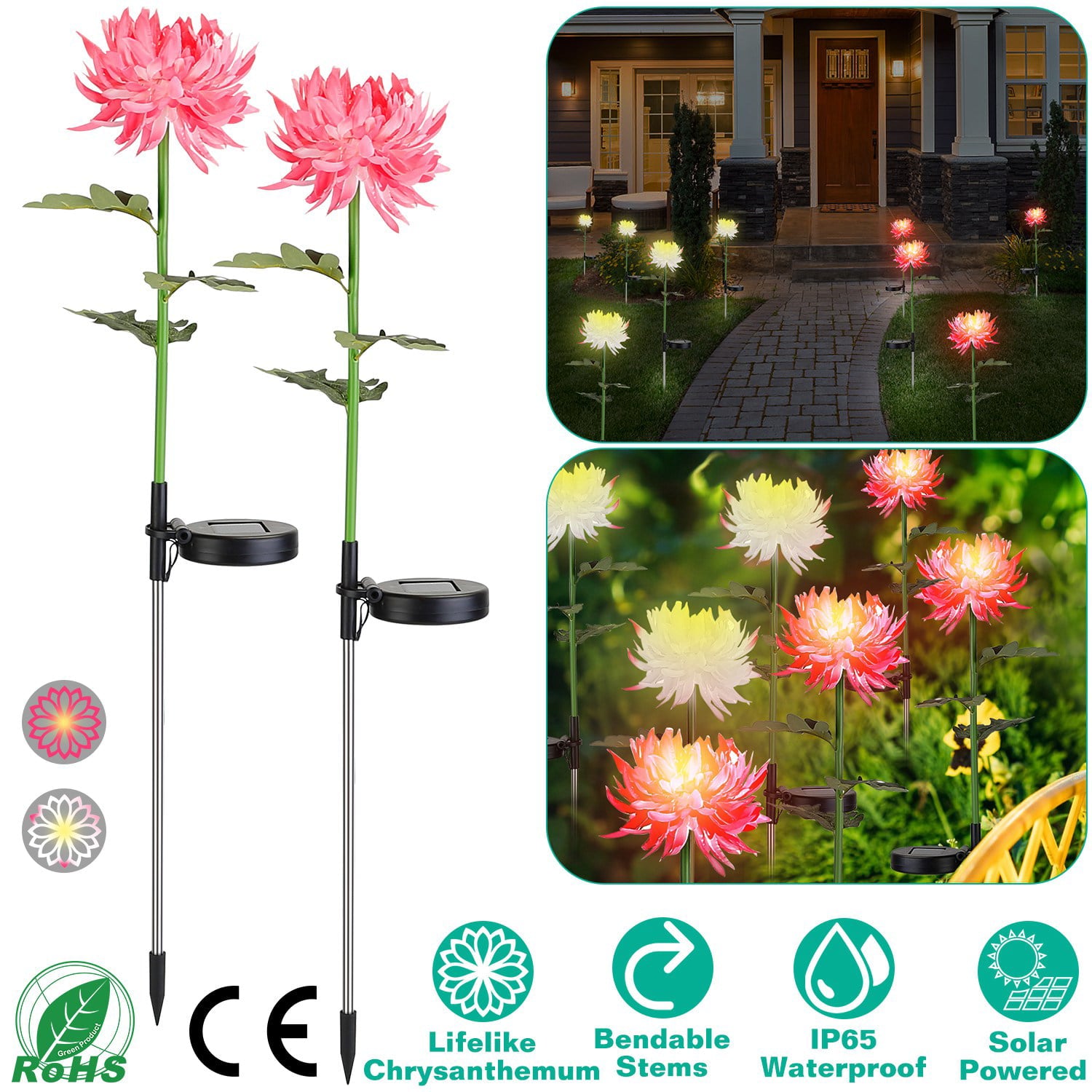 iMountek 2 Packs Solar LED Chrysanthemum Lights Solar Powered Garden Flower Stake Lamp Waterproof Landscape Decorative Light for Garden Patio Yard Pink