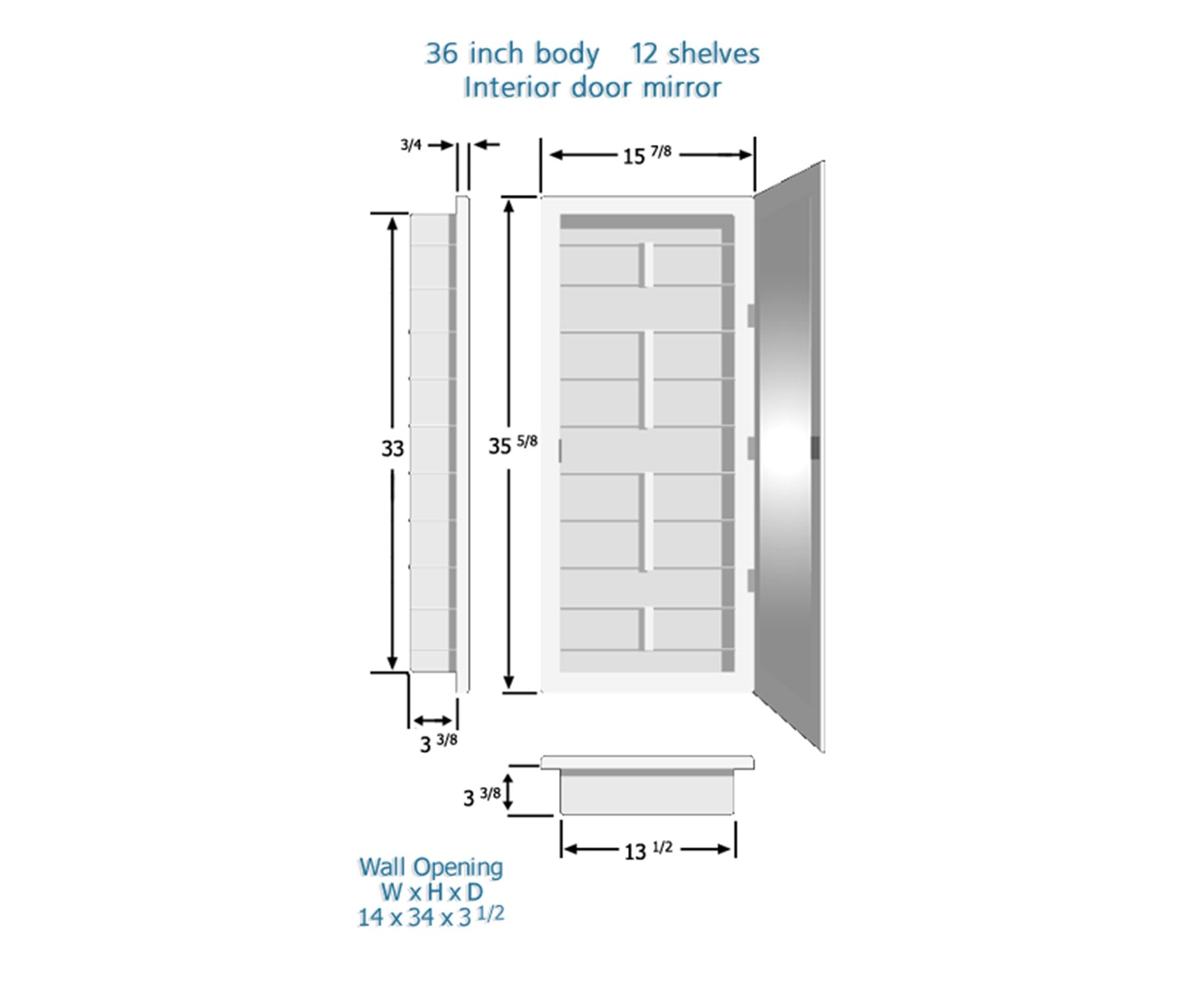 27-2-36-00 Altair 16 in. x 36 in. x 3-1/2 in. Frameless Recessed 1 Door Medicine Cabinet with 12 Shelves and Broad Bevel Mirror