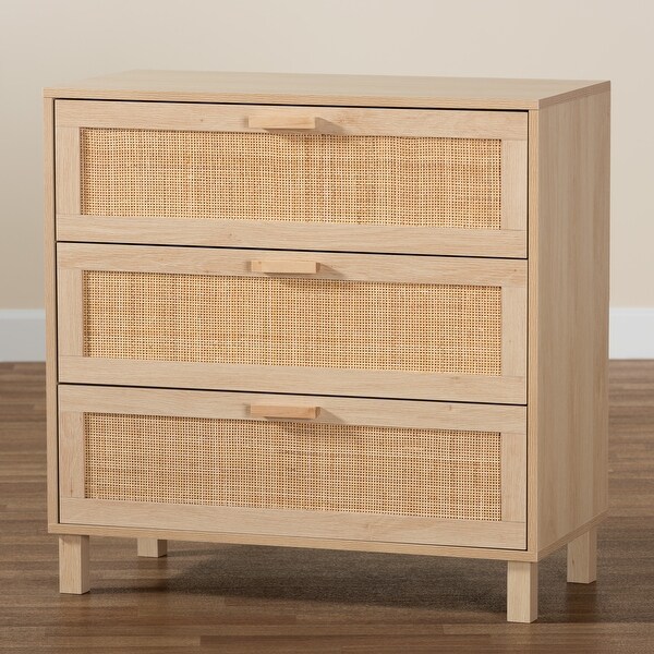 Sebille Mid-Century Modern Light Brown Finished Wood 3-Drawer Storage Cabinet with Natural Rattan - - 35527688