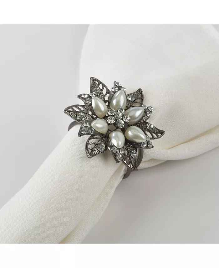 Saro Lifestyle Bejeweled Flower Design Napkin Ring Set of 4