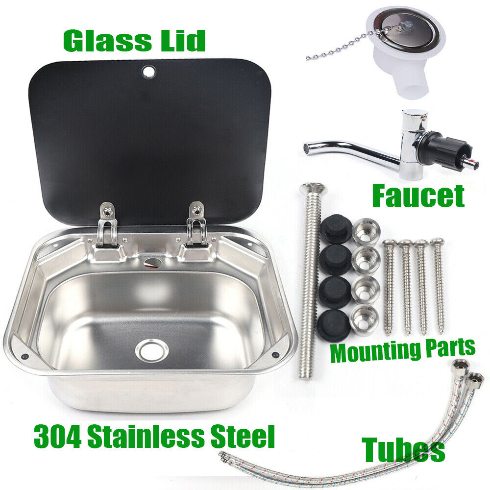 14.7" RV Caravan Camper Hand Wash Basin Black Kitchen Polishing Sink Stainless Steel W/ Lid & Faucet