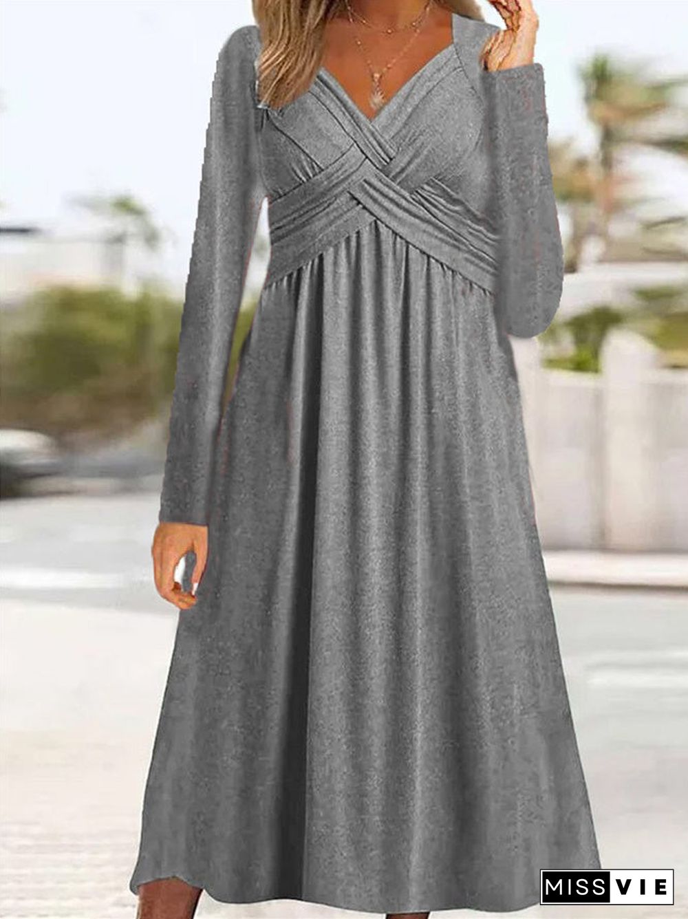 Women's Lace-up Solid Color V-Neck Long Sleeve Maxi Dress