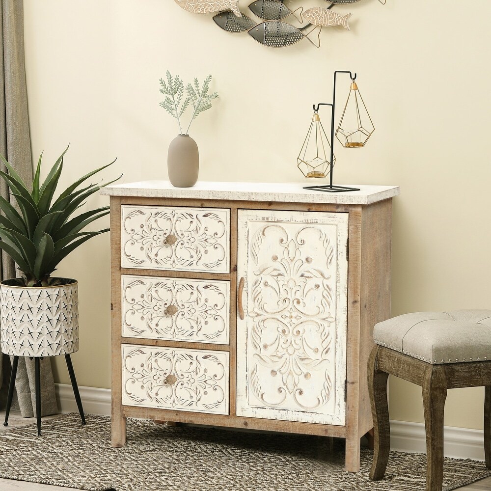 Rustic Floral Wood Floral 3 Drawer 1 Door Storage Chest and Cabinet   31.63\