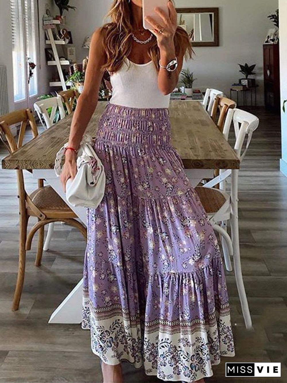 Women'S Skirts Casual High Waist Printed Long Skirt