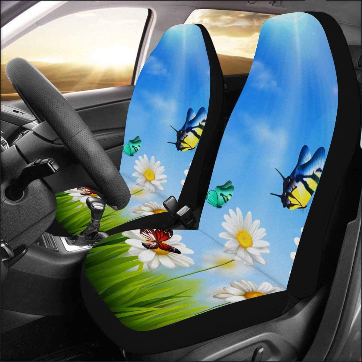 ZHANZZK Set of 2 Car Seat Covers Butterflies Grass Camomile Flowers Universal Auto Front Seats Protector Fits for Car，SUV Sedan，Truck