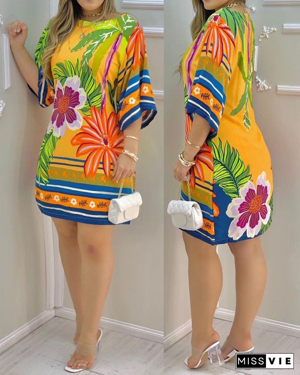 Women's Mini Tropical Print Half Sleeve Round Neck Chic Casual Dress