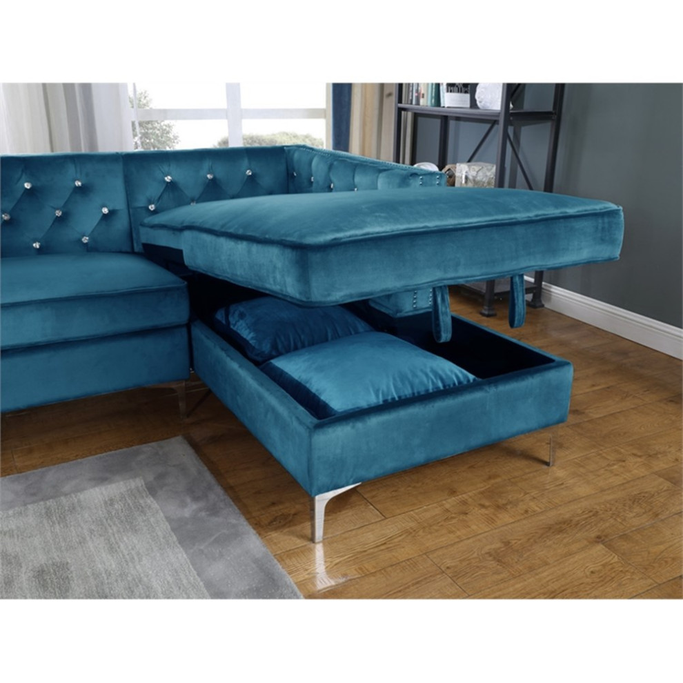 Teal Blue Velvet Upholstered Sectional with Storage and Faux Crystal Tufts   Midcentury   Sectional Sofas   by Homesquare  Houzz