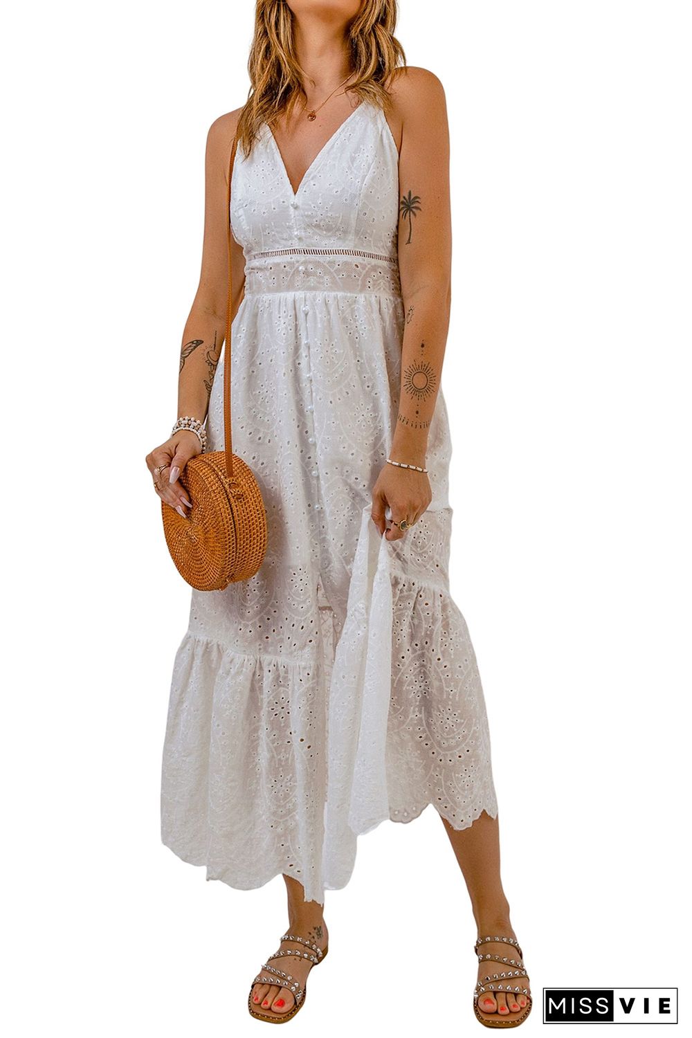 White Embroidered Spaghetti Straps Maxi Dress with Pearls