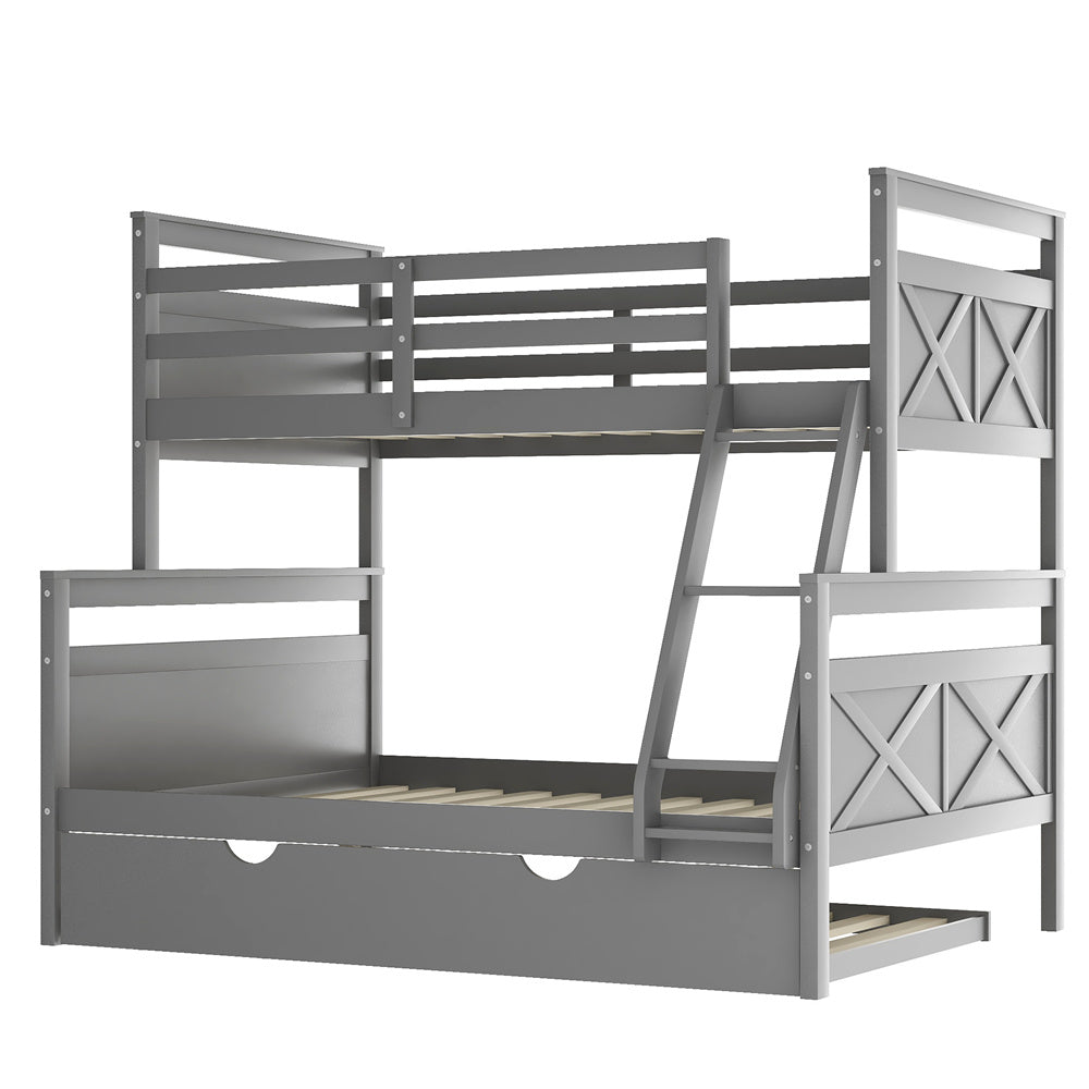 Twin Over Full Bunk Bed with Trundle, Pine Wood Bed Frame and Ladder with Guard Rails for Toddlers, Kids, Teens, Boys and Girls, Grey