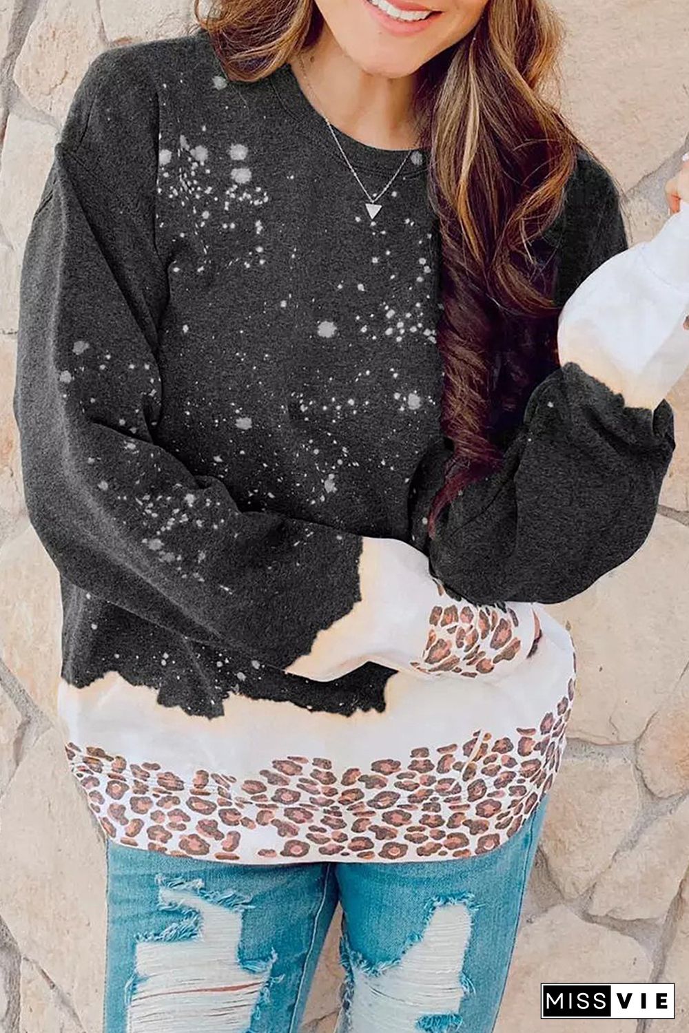 Black Leopard Bleached Pullover Sweatshirt