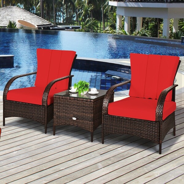 Costway 3 PCS Patio Wicker Rattan Furniture Set Coffee Table and 2