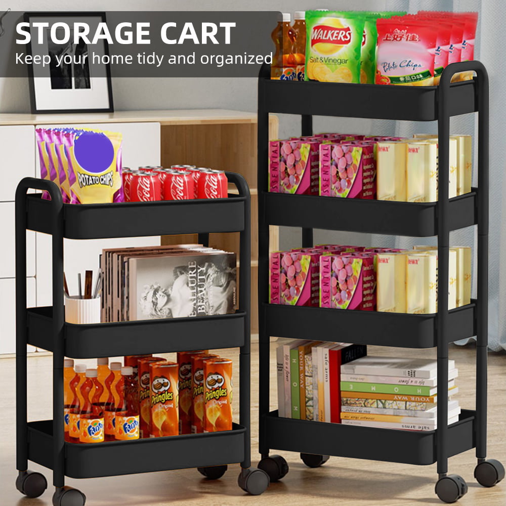 3 Tier / 4 Tier Metal Rolling Storage Cart with Metal Baskets Sturdy Storage Trolley with Handles 4 Hooks Locking Wheel for Kitchen Bedroom and Bathroom Black