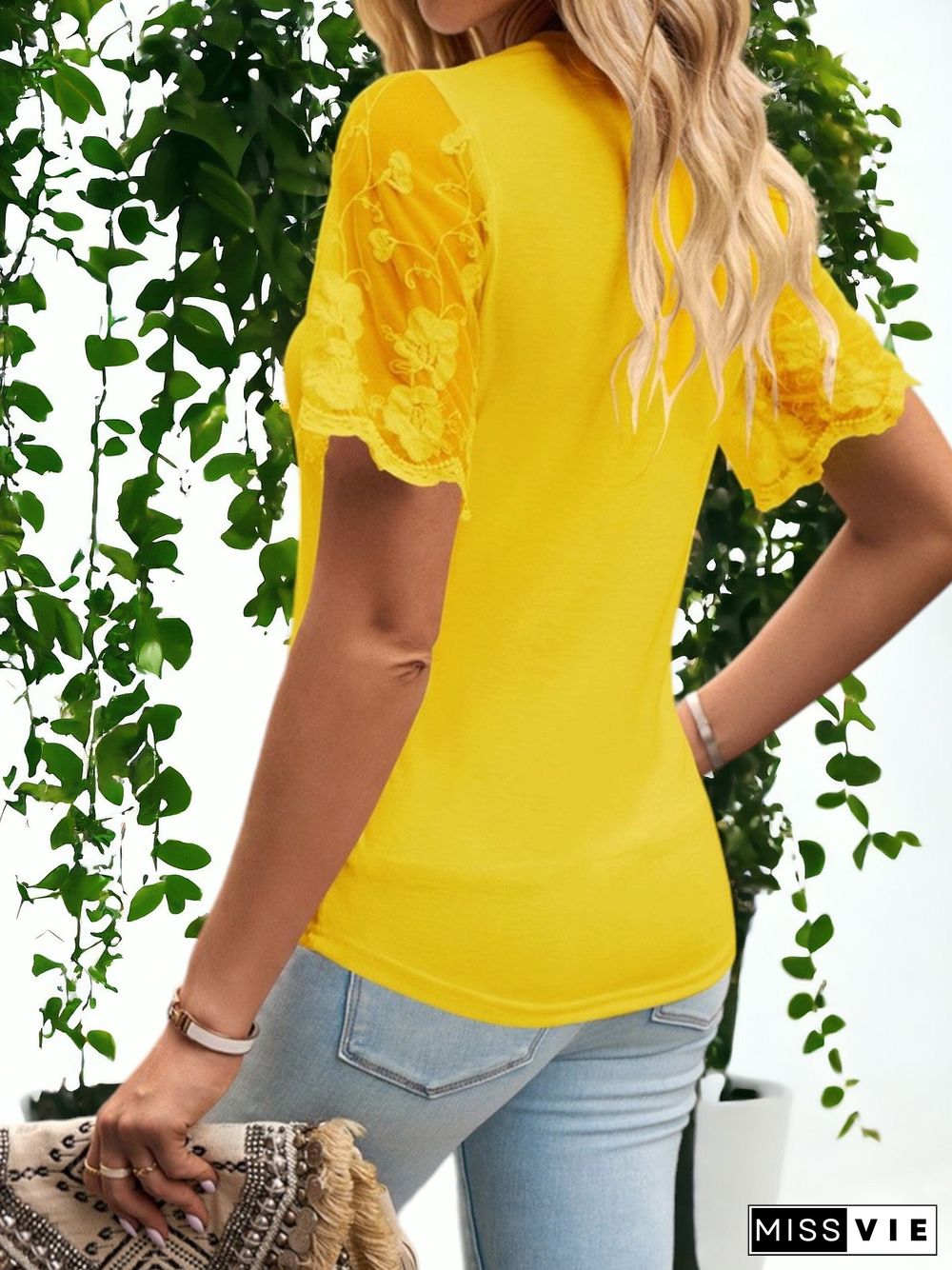 Lace Detailed Short Sleeved Crew Neck T-Shirt