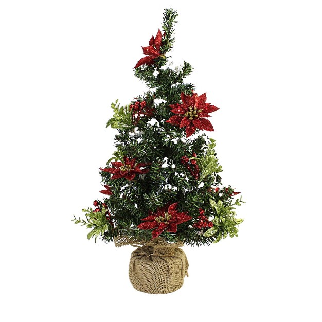 Christmas Poinsettia Evergreen Tree One Lit Tree 18 0 Inches Burlap Base Home Decor Kk327 Sisal Green