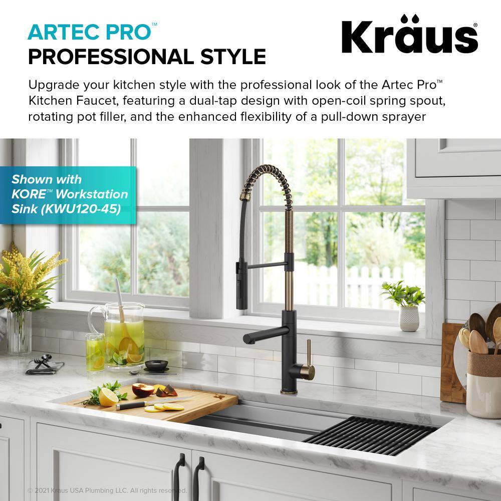 KRAUS Artec Pro Pull-Down Single Handle Kitchen Faucet with Pot Filler in Spot Free Antique Champagne Bronze  Matte Black KPF-1604SFACBMB