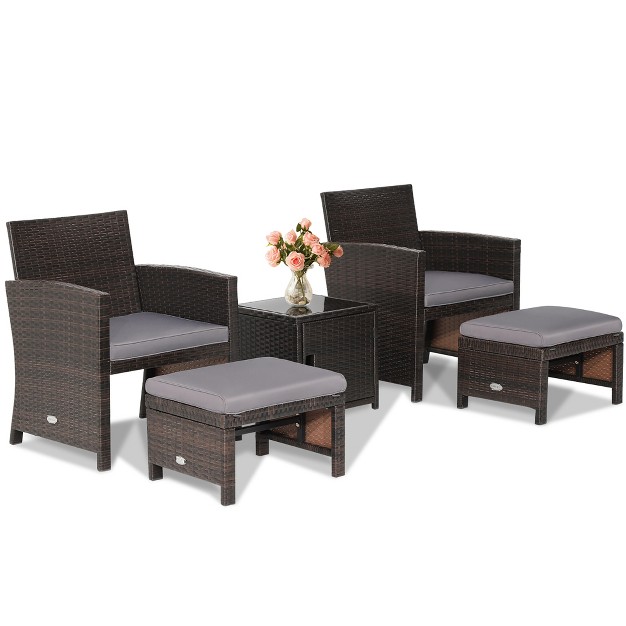 Costway 5pcs Patio Rattan Furniture Set Ottoman Cushioned W cover Space Saving Off White gray red turquoise