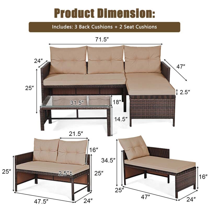 3 Pcs Rattan Patio Furniture Set Outdoor Conversation Sofa Set with Loveseat Chair & Coffee Table